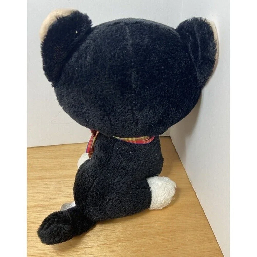 Chosun Vintage Black & White Big Head Plush Cat with Plaid Bow Rare HTF 9.5 in